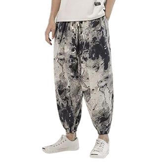 Generic Mens Linen Trousers 3/4 Length Cotton Jogging Bottoms Summer Beach Pants with Pockets Comfortable Lightweight Pants Wide Leg Yoga Pants with Pockets Y