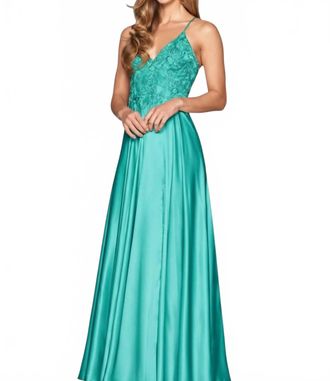 Faviana Beaded Bodice A-Line Gown In Teal