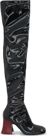 Chlo&eacute; Zwarte leren laarzen met koeienhuid hak - Dames - Over de knie laarzen - Zwart - 38 1/2 EU - Leer - Schoenen