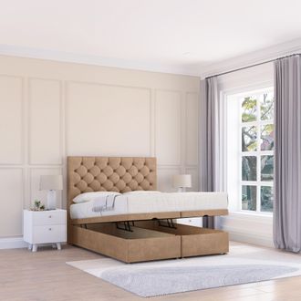 Sloomy Mayfair Naples Fabric Ottoman Bed End Opening With Sprung Memory Mattress & 26 Inch strut Headboard in Light Sand | Size: Small Double