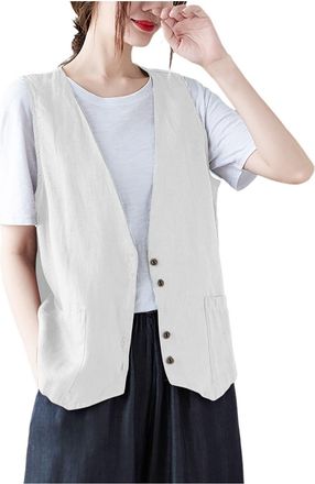 Generic Linen Waistcoats For Woman Casual Waistcoat V Neck Button Down Blazer Waistcoat Retro Summer Top Casual Loose Fit Lightweight Basic Sleeveless Suit Ja