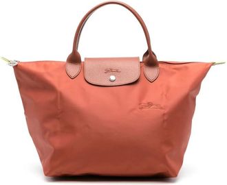 Longchamp Chestnut Brown Textured Embroidered Tote Bag