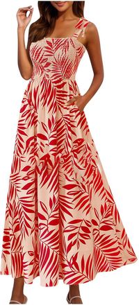 Generic Women Floral Maxi Dress with Pockets,Ladies Summer Dresses Elegant Sleeveless Flower Printed Strappy Beach Long Dress Square Neck Bohemian Holiday Dre