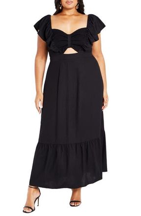 City Chic Alora Flutter Sleeve Cutout Maxi Dress in Black at Nordstrom, Size Xxl