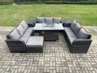 Fimous Rattan Furniture Garden Dining Set Gas Fire Pit Table With 2 Side Tables Lounge Sofa Big Footstool Dark Grey Mixed