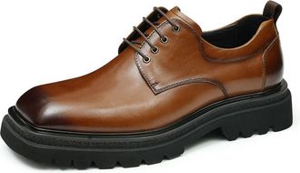 Generic Mens Square Toe Faux Leather Casual Shoes Low Block Heel Platform Shoes Lace Up Formal Dress Shoe,Brown,5.5 UK