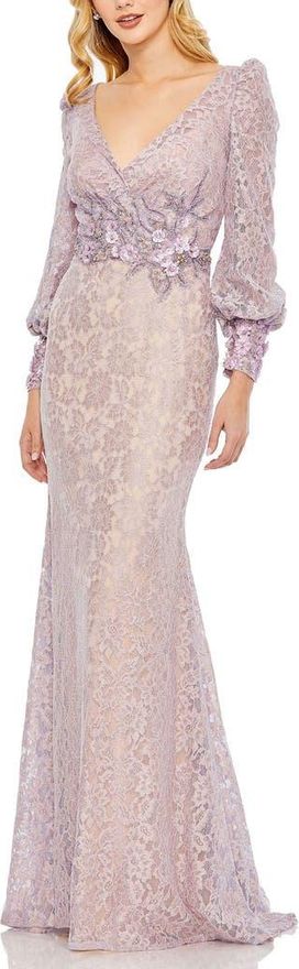 Lace Long Sleeve V-Neck Embellished Gown in Vintage Lilac at Nordstrom, Size 14