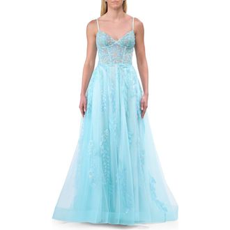 La Femme A-line Prom Dress with Beaded Floral Applique and Corset Top in Light Blue at Nordstrom, Size 12