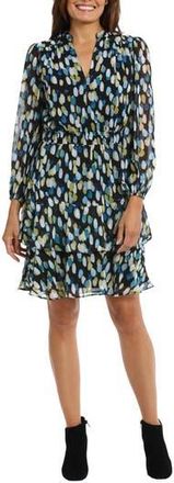 London Times Yuryu Tiered Long Sleeve Dress in Black/Blue at Nordstrom Rack, Size 12