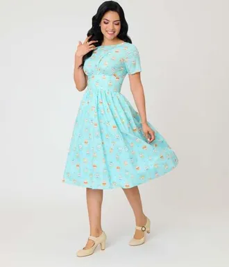 Unique Vintage Smocked Back Swing Dress in Blue W/Cat Print at Nordstrom, Size X-Large