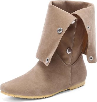 Generic Womens Ankle Boots Round Toe Flat Heels Fold-Over Button Strap Comfortable Non-Slip Wear-Resistant for Daily Casual Shopping Outdoor Stroll,Beige,11.5