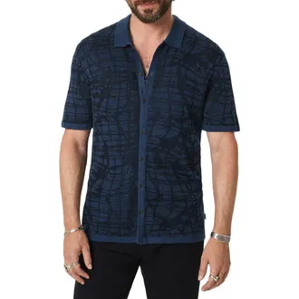 John Varvatos Cayden Jacquard Short Sleeve Full Button Cardigan in Navy at Nordstrom, Size Xx-Large