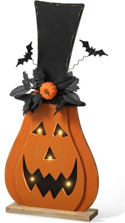 Glitzhome Halloween Lighted Wooden Jack-O-Lantern Porch Decor with Floral & Timer in Orange at Nordstrom, Size Medium
