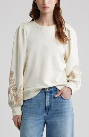 Treasure & Bond Embroidered Sleeve Cotton Sweatshirt in Ivory Egret Embroidery at Nordstrom, Size Xx-Small
