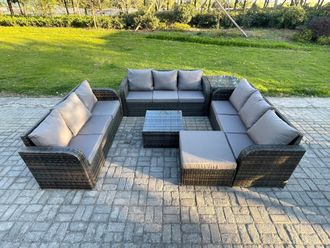 Fimous Patio Garden Furniture Sets Wicker 10 Seater Outdoor Rattan Furniture Sofa Sets with Square Coffee Table Big Footstool in Dark Grey