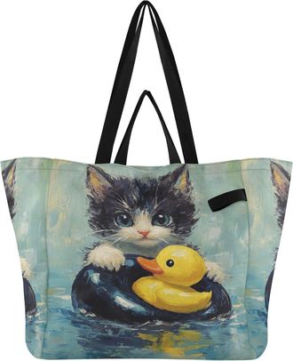 Generic Rubber Ducky Cat Yellow print Reusable Canvas Tote Bag, Heavy Duty Grocery Shopping Bag with Hard Bottom Large Capacity Double Handles Work Groceries 