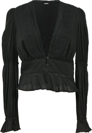 Reformation Plunge Neckline Long Sleeve Crop Top in Black Cotton