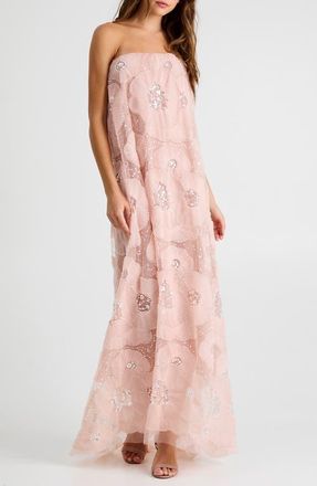 Helsi Margot Bead & Appliqu&eacute; Strapless Mesh Gown in Pink Pearl at Nordstrom, Size X-Small