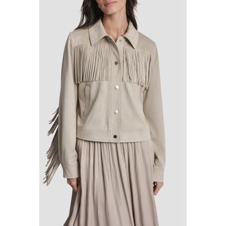 DKNY Fringe Trim Faux Suede Jacket in Pebble at Nordstrom, Size Xx-Small
