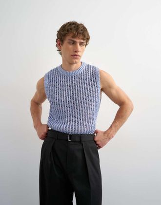 Topman Top senza maniche vestibilit&agrave; comoda in maglia blu alluncinetto