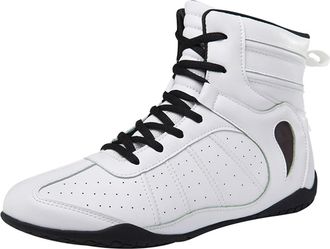 Generic Boxing Wrestling Shoes for Mens Womens Breathable Non-Slip Leather Fitness Boots for Fighting, Powerlifting, Bodybuilding,White,3.5 UK