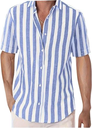 Generic Mens Stripe Shirt Casual Stylish Short Sleeve Button Down Shirts Lapel Loose Fit Dress Shirts Striped Button Up Business Work Dress Shirts Tops Summer