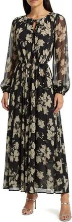 Mila Mae Floral Long Sleeve Maxi Dress in Black Cream Floral at Nordstrom Rack, Size X-Small