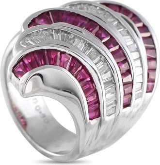 Luxury Bazaar 18K White Gold 0.80ct Diamond and Ruby Multi-Row Ring MF16-061325