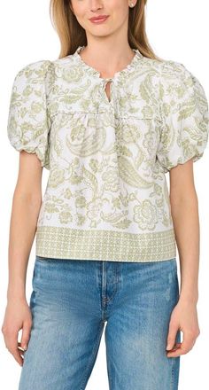 CeCe by Cynthia Steffe Tie Front Short Puff Sleeve Top in Sage at Nordstrom Rack, Size Large