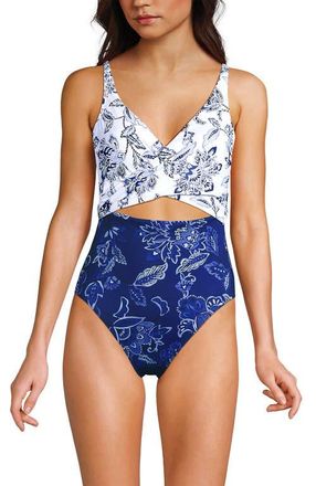 Lands End Wrap Monokini High Leg One Piece Swimsuit in White/blue Vintage Floral Mix at Nordstrom, Size 18P