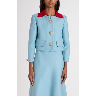 Valentino Garavani Crystal Button Crop Canvas Jacket in Grey/Blue at Nordstrom, Size 10 Us