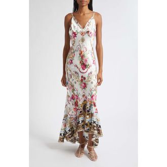 Camilla Mixed Print Floral V-Neck Silk Charmeuse Slip Dress in Torero Libertine at Nordstrom, Size Small