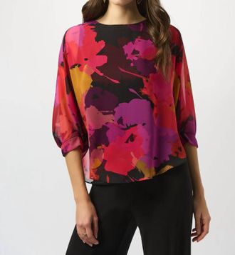 Joseph Ribkoff Chiffon Floral Print Boxy Top In Black/multi