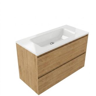 Saniclass Holz Pure Badkamermeubelset - 100x45x77.5cm - Torino solid surface wastafel wit - zonder kraangat - 2 lades - mat eiken natural (hout)
