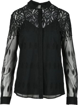 Fabiana Filippi Geborduurde Tulle Blouse met Manchetknoop - Dames - Overhemden - Zwart - XL - Katoen - Overhemden
