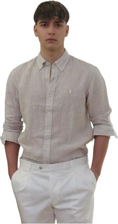 Polo Ralph Lauren Overhemden, Heren, Beige, M, Linnen, Linnen Streep Shirt