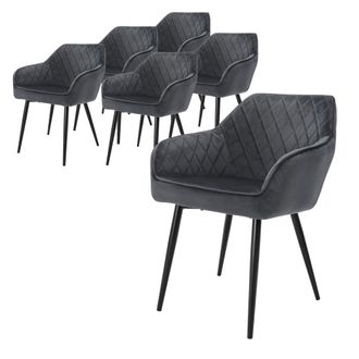 ML Design Ml-design - Set 6x Sillas De Comedor Antracita Estilo Moderno Asiento Tapizado Aspecto Terciopelo Patas De Metal Negras Con Respaldo Y Apoyabrazos Sil