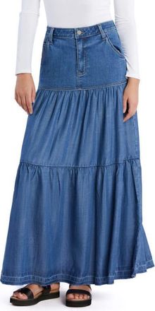 Wash Lab Denim Contrast Tiered Denim Maxi Skirt in Taylor Blue at Nordstrom, Size 30