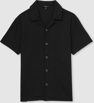 Reiss Mens Black Textured-knit Cuban Collar Shirt, Size: XL