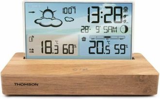 Thomson Reloj Despertador Estaci&oacute;n Meteorol&oacute;gica Thomson Madera Clara - Pantalla De Temperatura, Humedad, Doble Alarma, Usb-c, Sonda Inal&aacute;mbrica