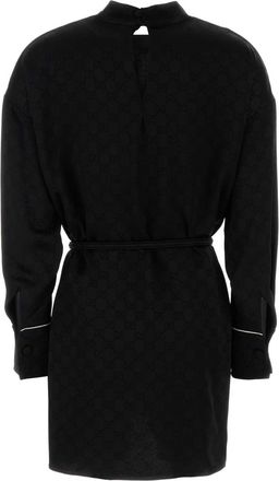 Gucci Womens Hammered Crepe With Gg Belt Dress Black Viscose Acetate
