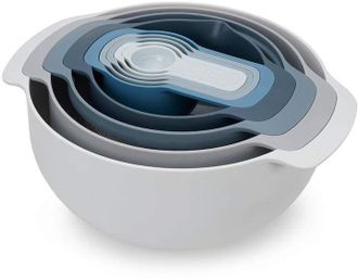 Joseph Joseph Joseph Joseph Nest 9 Plus - Juego De Cocina Compacto De 9 Utensilios - Cielo Cuencos, Colador Y Medidores Apilables, Dise&ntilde;o Ergon&oacute;mico Y Ahorro De Esp