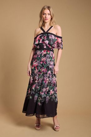 Oasis Womens Bow Detail Halter Neck Bardot Dress - Black - Size 16 UK