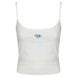 Diesel Tops, Dames, Wit, S, Katoen, Geribbelde Top met Metalen Ovaal D