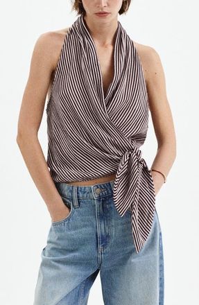 Mango Striped Halter Top with Fixed Knot in Maroon at Nordstrom, Size 6