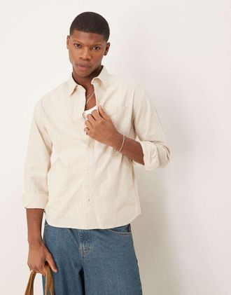 Abercrombie & Fitch long sleeve cropped linen shirt in beige stripe-Neutral