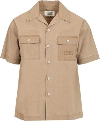 Maison Margiela Embroidered Numeric Logo Short Sleeve Button-Up Shirt - Heren - Korte mouwen Overhemden - Beige - XL - Katoen - Overhemden