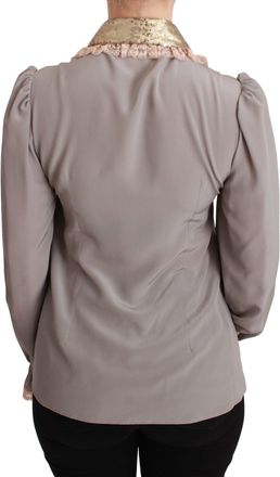 Dolce & Gabbana Womens Silk Gold Sequin Lace-Trim Blouse Gray Elastane