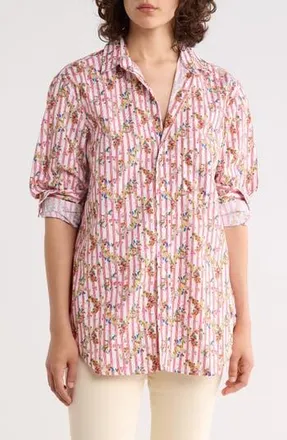 Frank & Eileen Relaxed Fit Cotton Button-Up Shirt in Red Mini Stripes W/Flowers at Nordstrom Rack, Size Xx-Small