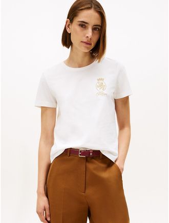Tommy Hilfiger Womens Gold Crest Logo T-Shirt - White - XS